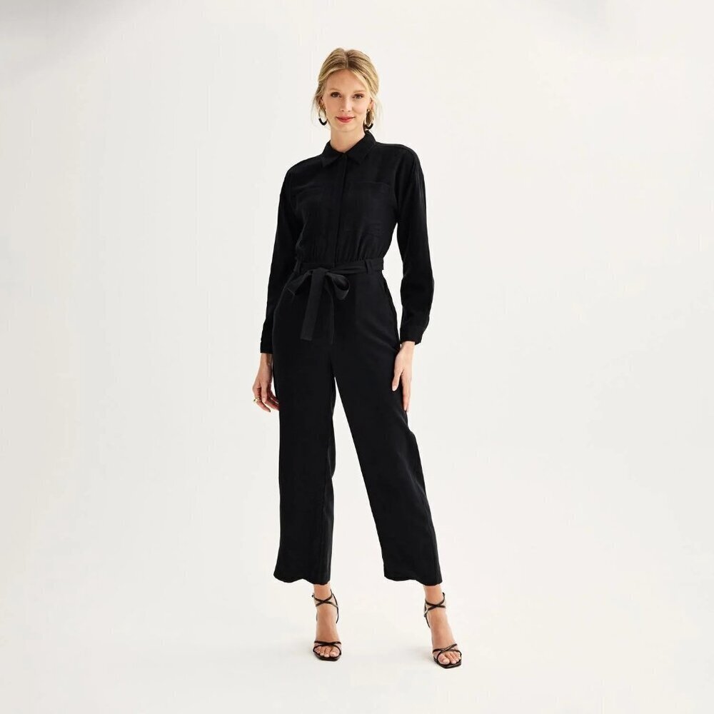 NEW NWT Nine West Black‎ Belted Utility Jumpsuit Long Sleeve Medium Pockets